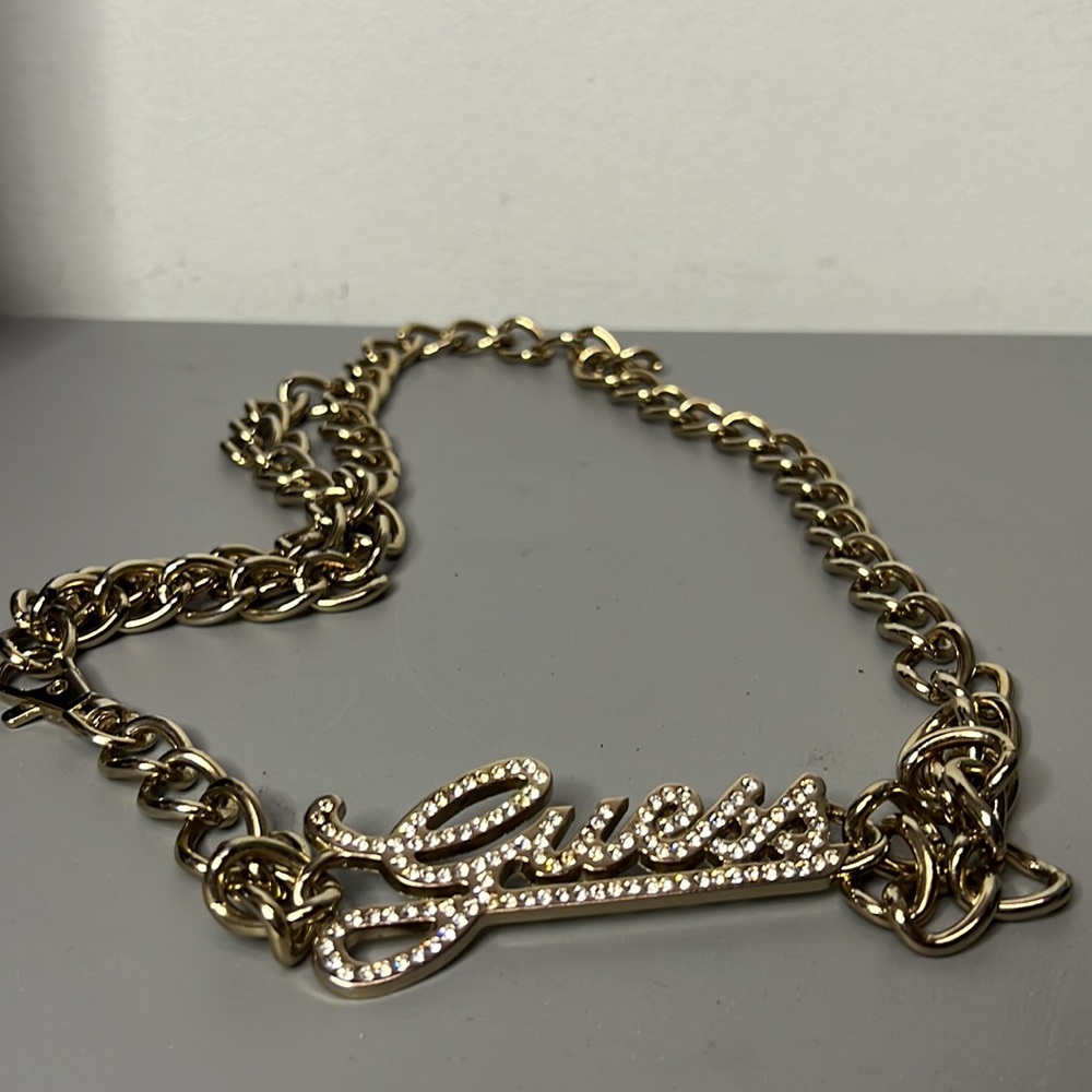 Guess Women's Belt Gold Tone Metal Chain Link Rhinestone Accents Waist